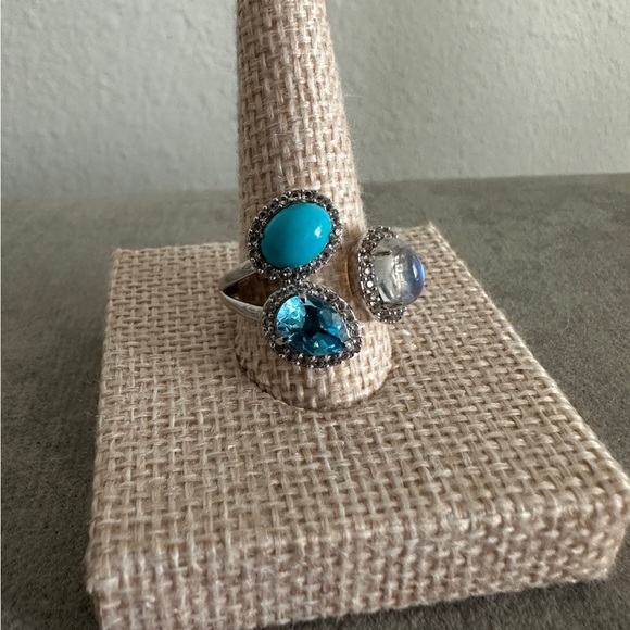 925 STERLING SILVER BLUE TOPAZ TURQUOISE & MOONSTONE Ring by Colleen Lopez - Picture 2 of 8